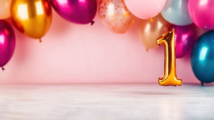 Colorful balloons fill the background while a golden number one sits prominently on a light surface, perfect for a birthday party