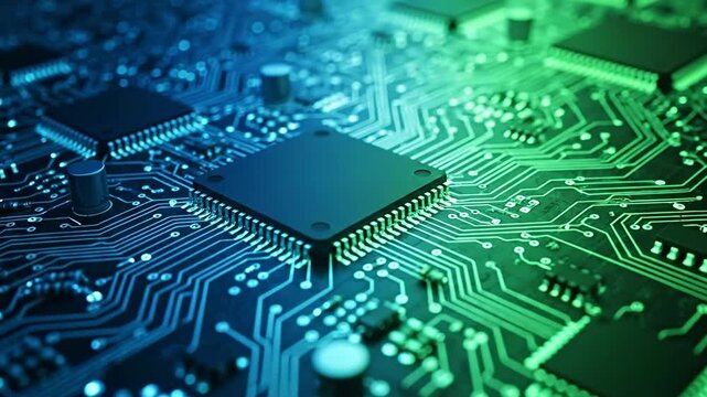 Close-up of a circuit board with intricate pathways and electronic components.
