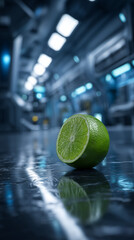 Half lime on futuristic reflective floor, neon-lit sci-fi interior with metallic surfaces and dramatic lighting.