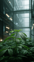 Close-up of a young green plant growing in a high-tech indoor environment with artificial lighting and a futuristic industrial design.