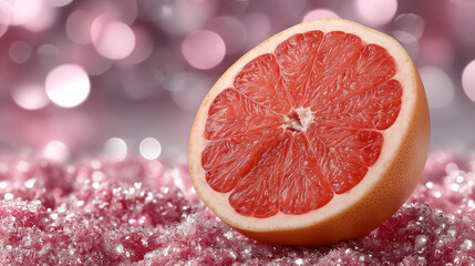 Juicy grapefruit half resting on glittering pink crystals with soft bokeh lights in the background, vibrant and fresh