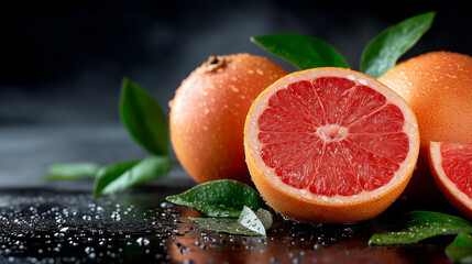 Fresh ripe grapefruit with green leaves and water drops on dark background, showcasing juicy red citrus fruit.