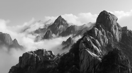Dramatic black and white mountain landscape with mist and rugged peaks, evoking a tranquil yet powerful natural scene.