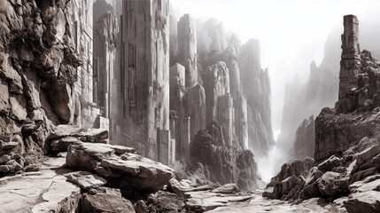 Surreal rocky canyon with towering vertical cliffs and mysterious ancient stone structures in a misty, dramatic landscape.