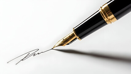 A close-up shot captures the intricate detail of a gold nib fountain pen gracefully signing a document, symbolizing elegance and professionalism today.