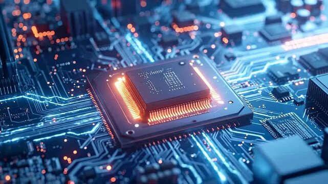 Close-up of a complex computer microchip with intricate circuits and glowing connections.