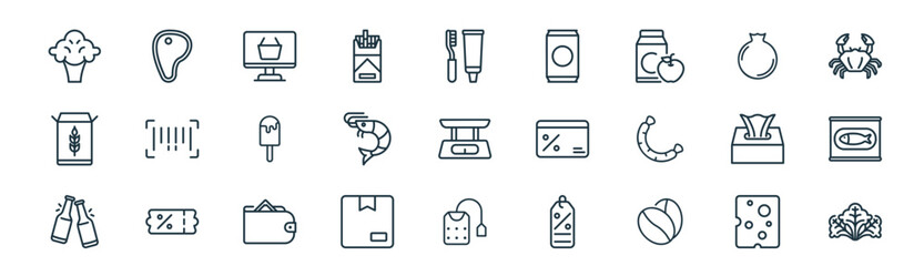 modern linear grocery icon set. vector thin line outline symbols for ui/ux app and web interfaces. minimal stroke collection including cheese, meat, ecommerce, pomegranate, shrimp, canned, tea bag,