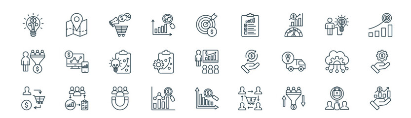 modern linear sales icon set. vector thin line outline symbols for ui/ux app and web interfaces. minimal stroke collection including closure, territory, promotion, techniques, strategy development,