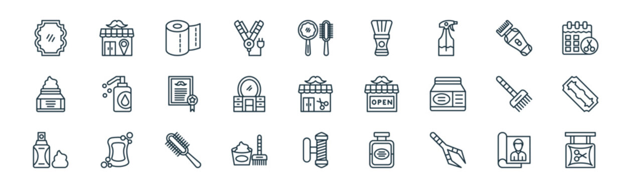modern linear hair salon icon set. vector thin line outline symbols for ui/ux app and web interfaces. minimal stroke collection including magazines, location, tissue roll, electric shaver, table,