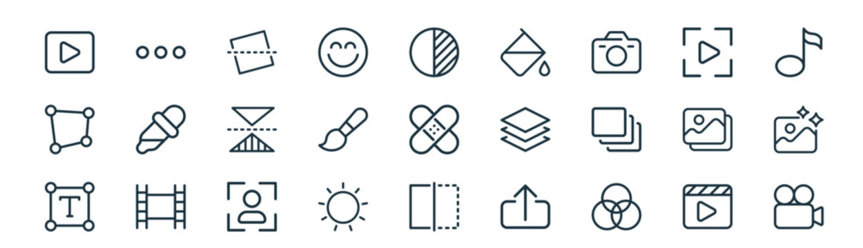 modern linear ui photo and video edit icon set. vector thin line outline symbols for ui/ux app and web interfaces. minimal stroke collection including movie, dots, straighten, video, brush,