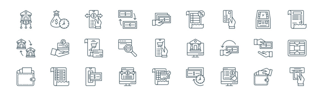 modern linear payment icon set. vector thin line outline symbols for ui/ux app and web interfaces. minimal stroke collection including paying, time is money, money transfer, atm, ccv, credit card