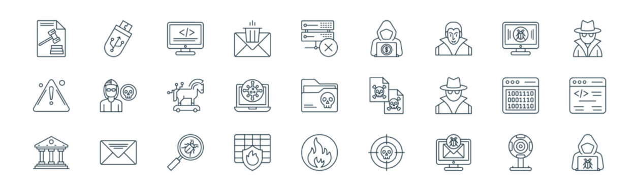 modern linear cyber crime icon set. vector thin line outline symbols for ui/ux app and web interfaces. minimal stroke collection including webcam, usb, programming, malware, virus, web coding,