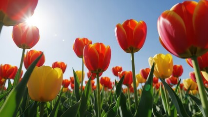 Fototapeta premium Tulips Field, Orange and Yellow Flowers, Spring Bloom, Sunny Day