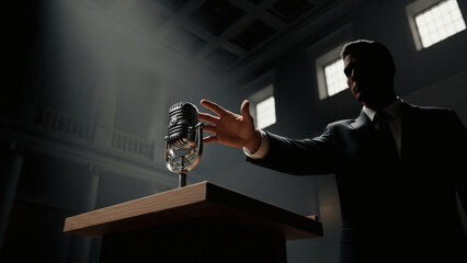Dramatic low-angle shot of an anonymous, determined political figure in a dark suit, reaching out to grab a vintage, ornate microphone on an empty podium in a grand, shadowy hall. Cinematic lighting, 