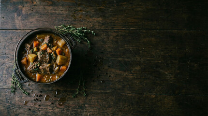 Rustic beef stew with carrots and potatoes in pot Keywords (