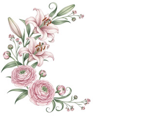 Hand painted luxury watercolor botanical corner with lilies and ranunculus in sage green and blush isolated on white background