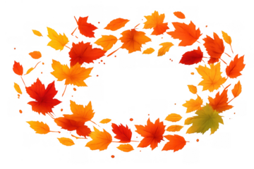 Autumn maple leaves frame creating seasonal border with flying orange and yellow foliage on transparent background