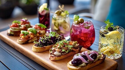 Bruschetta and cocktails serving on wooden board for appetizer