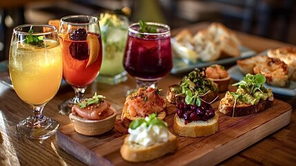 Appetizer platter presenting colorful cocktails and gourmet bruschetta