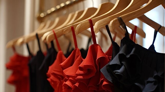Red and black ruffled dresses hanging on wooden hangers
