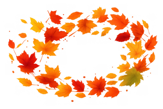 Autumn maple leaves frame creating seasonal border with flying orange and yellow foliage on transparent background - Powered by Adobe