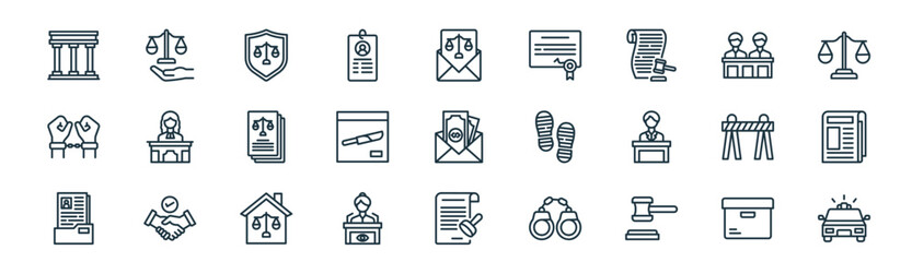 modern linear law and justice icon set. vector thin line outline symbols for ui/ux app and web interfaces. minimal stroke collection including storage box, justice, protection, jury, evidence, © XS Works