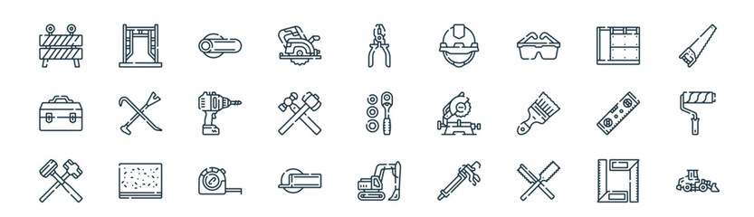 Fototapeta premium modern linear building construction icon set. vector thin line outline symbols for ui/ux app and web interfaces. minimal stroke collection including ruler, scaffolding, steel, drywall, crossed