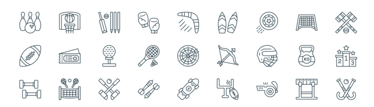 modern linear sports and games icon set. vector thin line outline symbols for ui/ux app and web interfaces. minimal stroke collection including hurdles, basket ball, cricket, hockey goal, badminton,