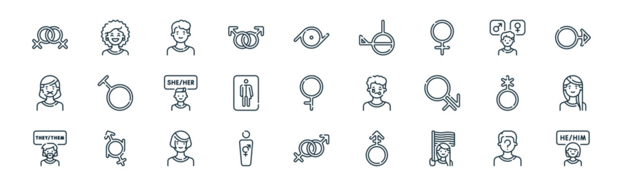 modern linear gender identity icon set. vector thin line outline symbols for ui/ux app and web interfaces. minimal stroke collection including gender identity, happy, man, gender identity, neutral,