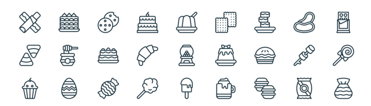 modern linear desserts and candies icon set. vector thin line outline symbols for ui/ux app and web interfaces. minimal stroke collection including candy bag, tiramisu, cookie, jelly beans,