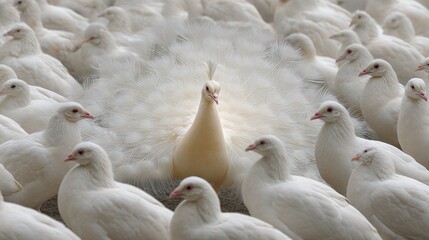 Large herd of white pigeons surrounds a single peacock displaying its magnificent tail, creating a stunning visual contrast in a serene environment
