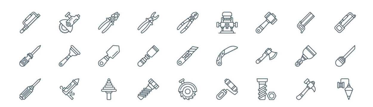 modern linear repair tools icon set. vector thin line outline symbols for ui/ux app and web interfaces. minimal stroke collection including hammer, grinder, pliers, backsaw, chisel, scratch,
