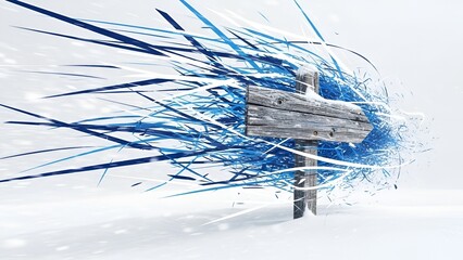 Abstract winter landscape with wooden direction sign and artistic blue streaks