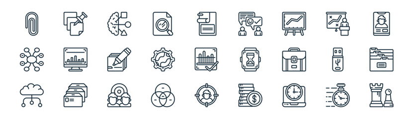 linear organisation icon pack. vector thin line icons collection such as stopwatch, pin, brain, presentation, world, binders, goals, rook © Icon World