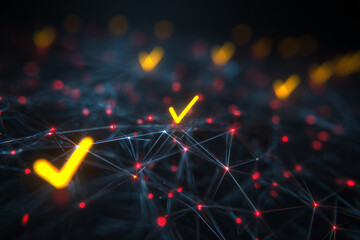 Abstract digital network with glowing check marks confirming system access and security. Futuristic concept of data verification and cyber protection