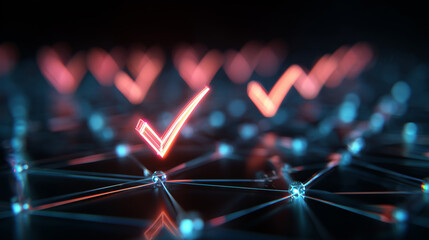Abstract digital network with glowing check marks confirming system access and security. Futuristic concept of data verification and cyber protection