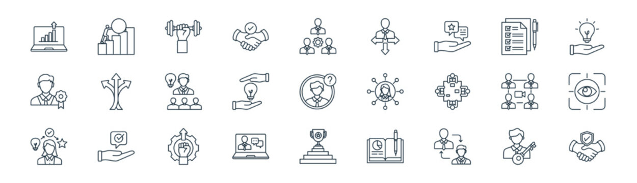 linear mentoring and trining icon pack. vector thin line icons collection such as key person, struggle, training, list, idea, focus, win, trust
