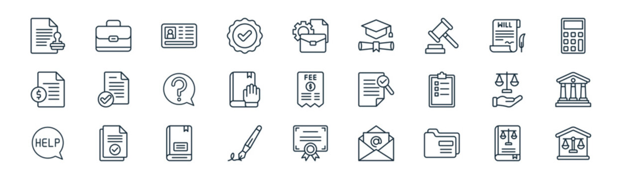 linear notary icon pack. vector thin line icons collection such as law book, briefcase, personal id, last will, oath, courthouse, certificate, dwelling
