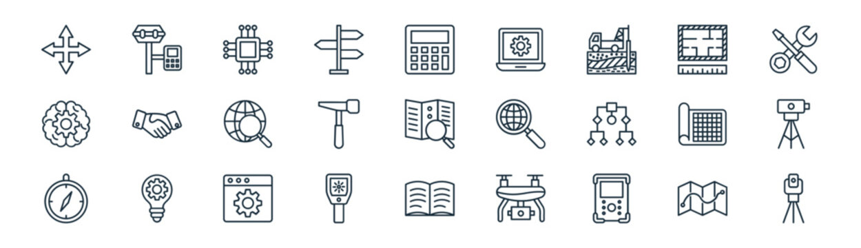 linear geodetic survey icon pack. vector thin line icons collection such as map location, tacheometer, chip, sketch, hammer, tacheometer, book, tacheometer
