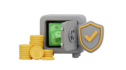 3D Render of a Safe with Money, Coins, and Security Shield