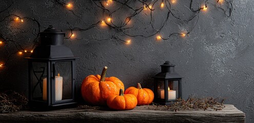 Autumn scene with pumpkins candle lanterns and string lights on rustic wood