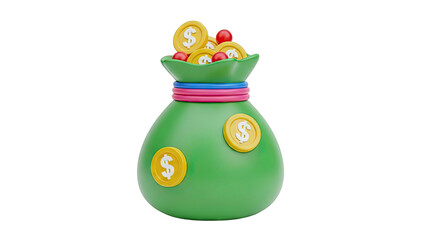 3D Render of a Green Money Bag Filled with Coins and Red Balls