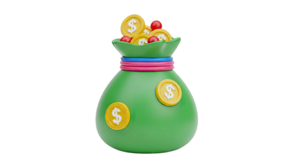 3D Render of a Green Money Bag Filled with Coins and Red Balls