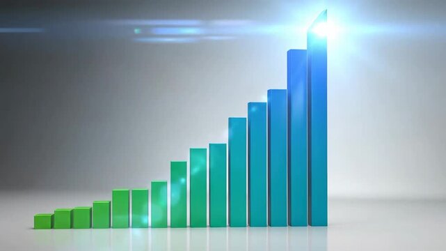 Rising bar graph showing growth from green to blue with a bright light.
