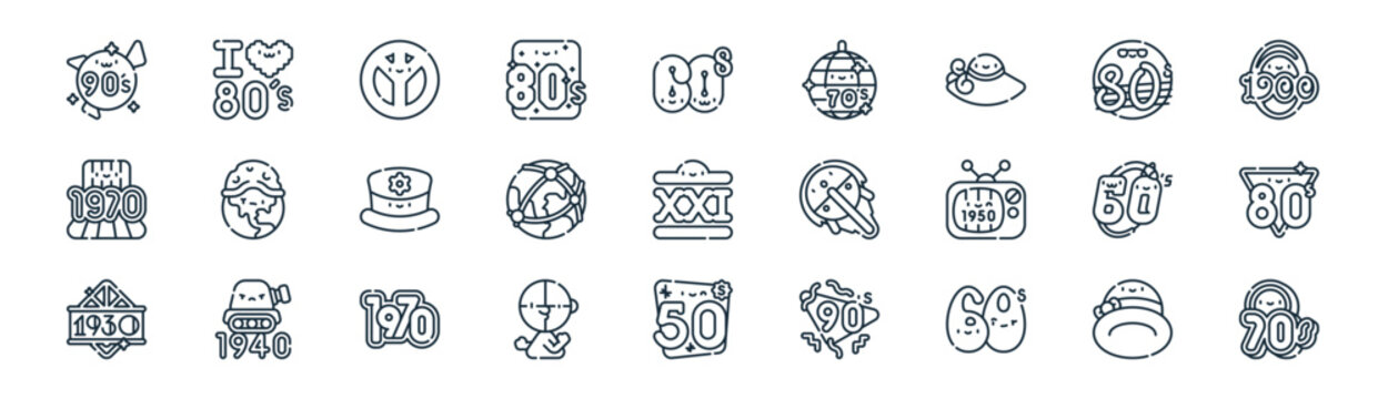 linear decades icon pack. vector thin line icons collection such as hat, s, peace, s, planet, s, psychedelic