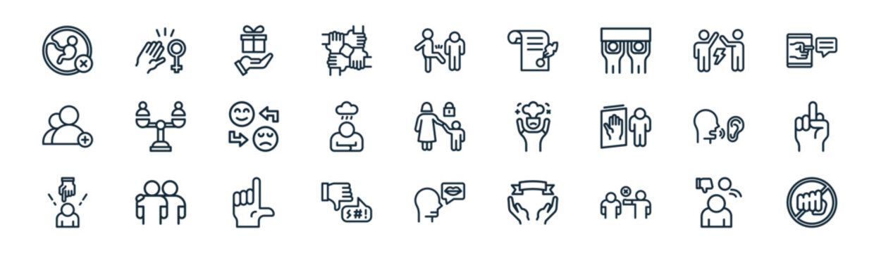 linear bullying in society icon pack. vector thin line icons collection such as bullying, harassment, give, conflict, sadness, middle finger, sexting, stop bullying