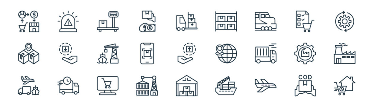 linear logistics icon pack. vector thin line icons collection such as cod, siren, platform scale, shopping list, tracking, factory, warehouse, delivery