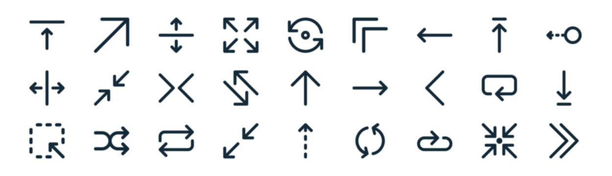 linear arrows icon pack. vector thin line icons collection such as minimize, top right, distribute spacing vertical, up arrow, diagonal arrows, down arrow, up arrow, right chevron