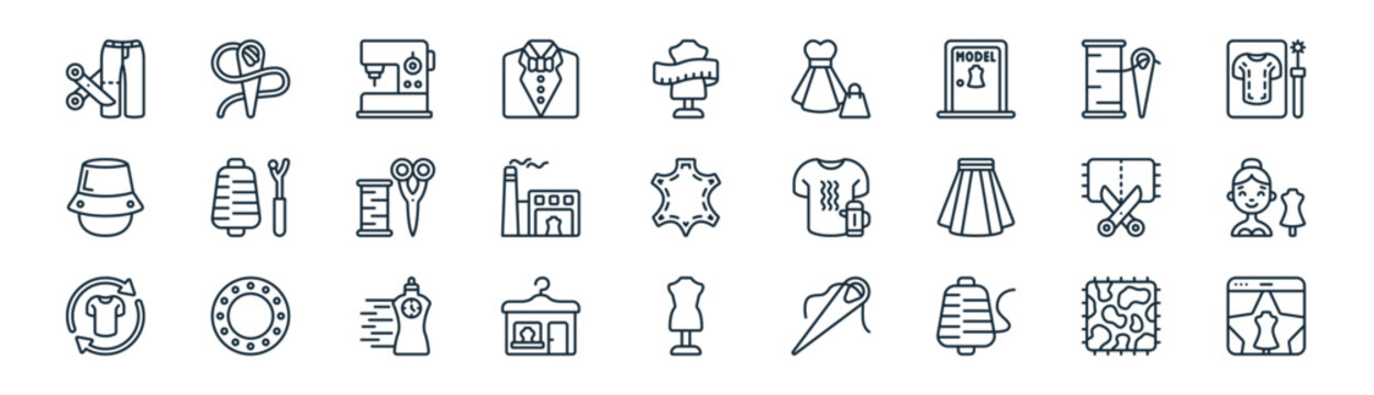 linear fashion icon pack. vector thin line icons collection such as fabric, needle, sewing hine, needle, factory, tailor, mannequin, event