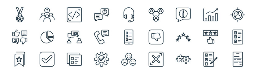 linear survey icon pack. vector thin line icons collection such as feedback, question, coding, trend, phone survey, checklist, emoji, form